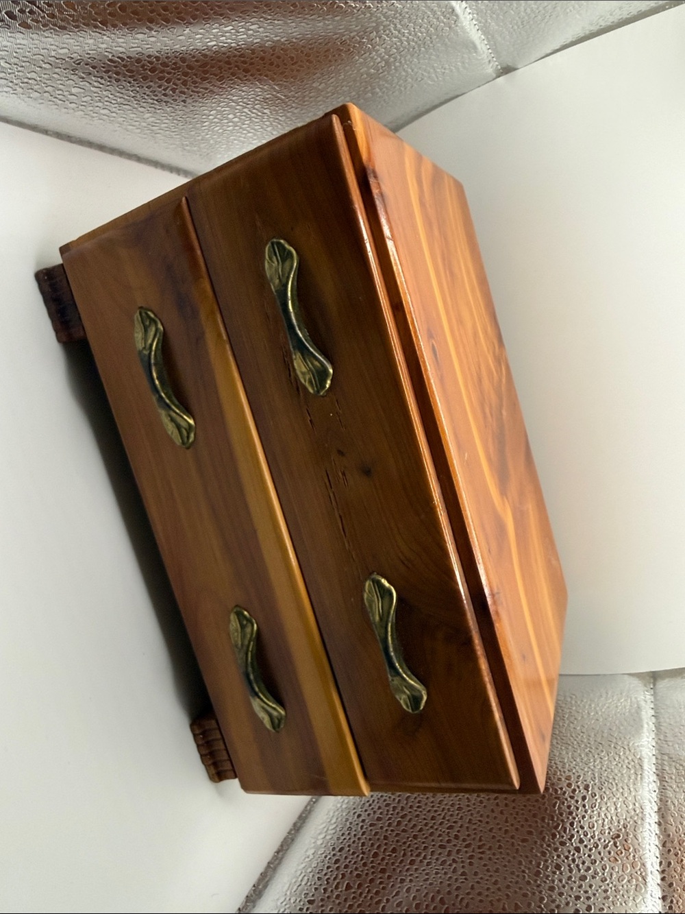 Vtg salesman sample cedar chest features two drawers w/distinctive brass handles